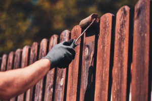 Fence Painting. Man In Protective Gloves Is Painting Wooden Fence.