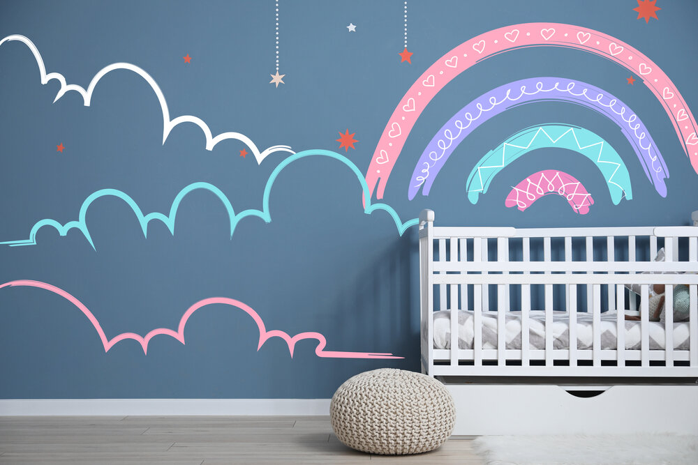 Painting Ideas for Kids Rooms Interior Of Baby Room With Crib And Painting Of clouds on the wall.