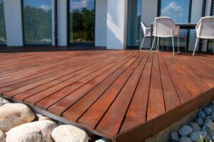 Deck Painting. Wood Deck Modern House Design With Wooden Patio.